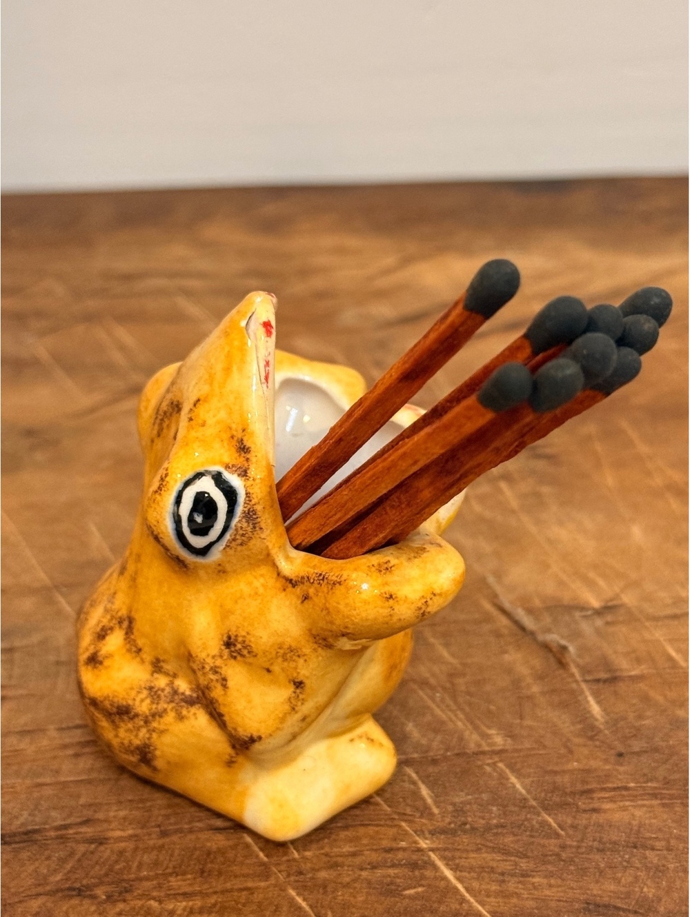 Vintage Yellow Frog Handmade Ceramic Match Holder/Toothpick Holder